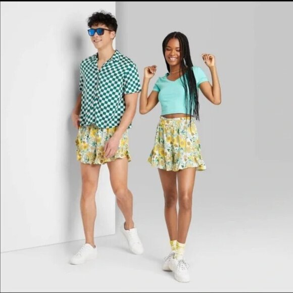 Wild Fable High-Waisted Flutter Shorts Womens Size Small Green Floral Yellow - Picture 11 of 11